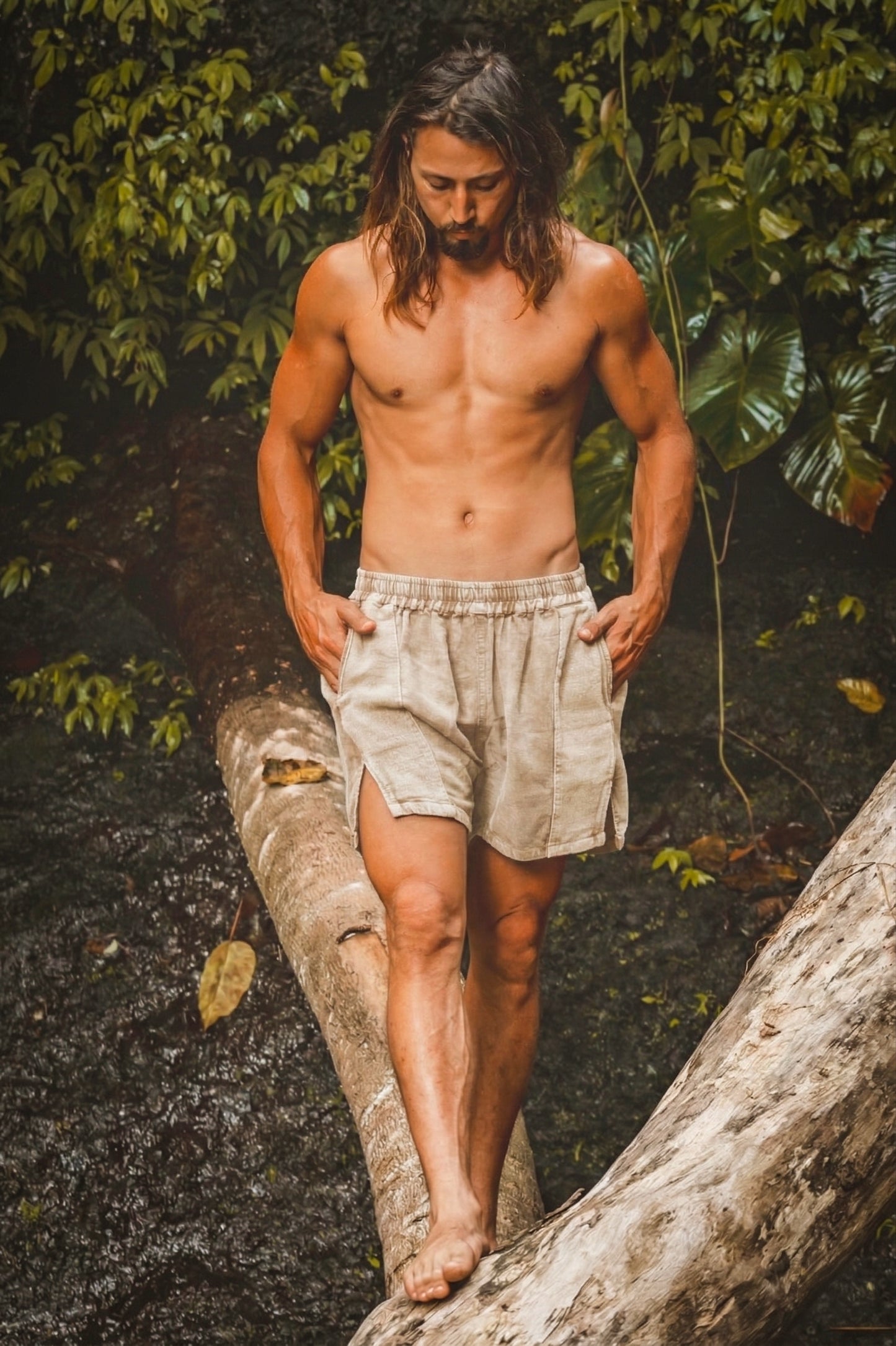 DABEST Short Pants Linen Beige Zipped Pockets Yoga Breathable Handmade Comfortable Mens Shorts Workout Ninja Festival Gym AJJAYA