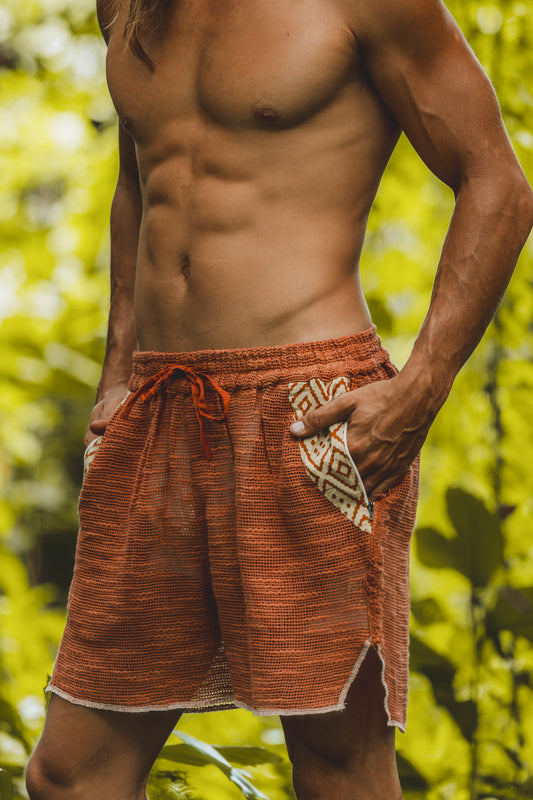 KALYAN Rustic Orange Short Pants Yoga Loose Comfortable Mens Shorts with Pockets Natural Cotton Plant Dyed Workout Ninja Festival Gym AJJAYA