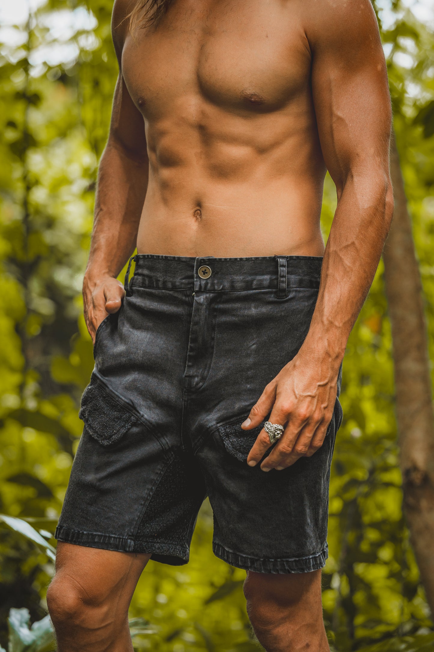 TAKTI Mens Black Cargo Short Pants Stone Washed Zipped Pockets Cotton Shorts Festival Tactical Functional Above Knee AJJAYA