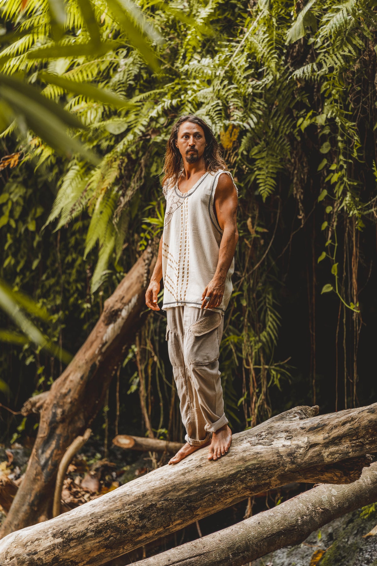 MUKTI Beige Mens Débardeur sans manches Combo Shipibo et Block Print sur coton gypsy festival chemise ethnique éclectique Tribal respirant AJJAYA