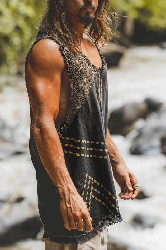 MUKTI Mens Tank Top Black Sleeveless Shipibo and Block Print combo on cotton gypsy festival shirt ethnic eclectic Tribal breathable AJJAYA