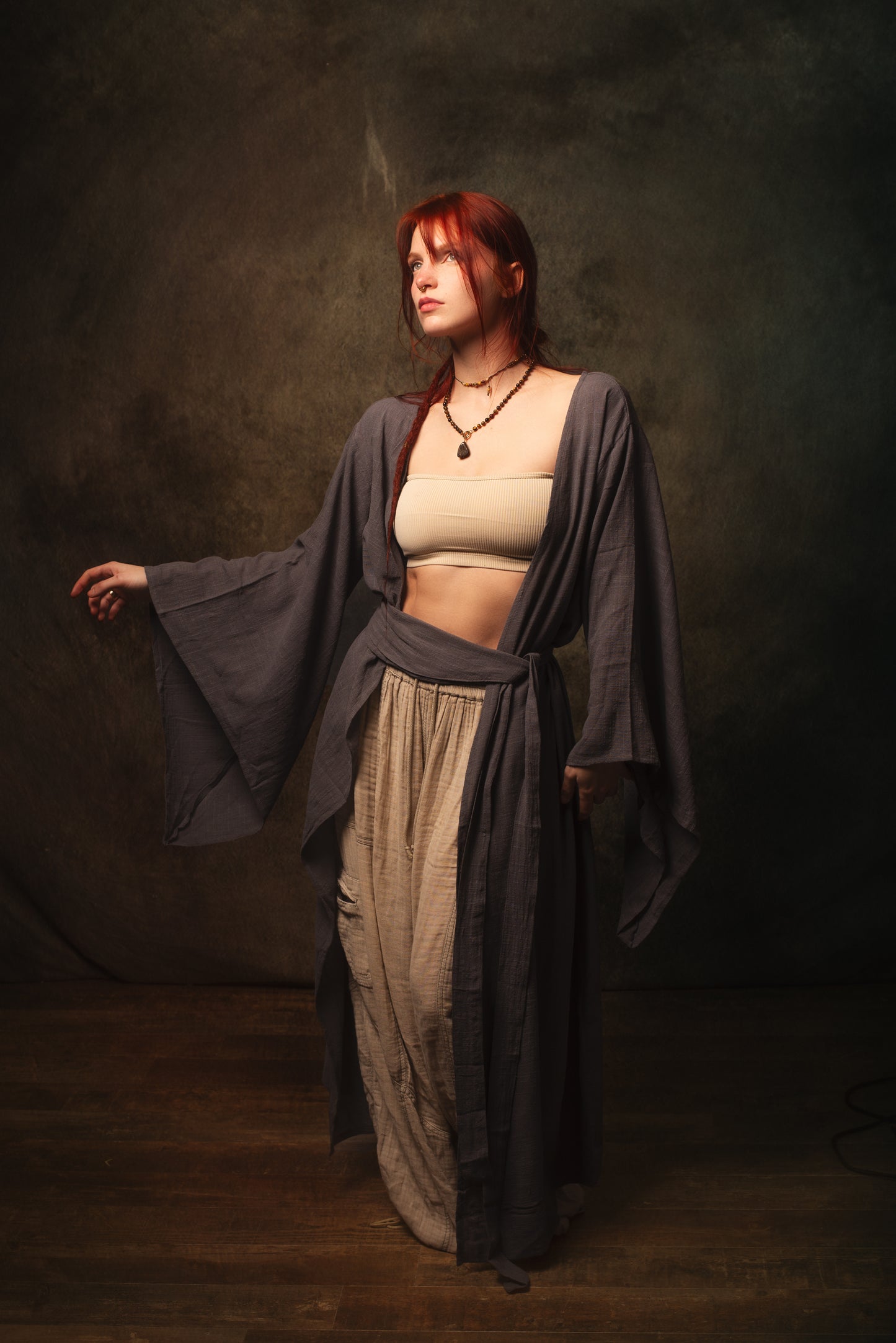 MIRA Womens Kimono Dress Grey Brown Japanese Arm Flairs Soft Breathable Cotton Festival Ritual Resort Wear AJJAYA