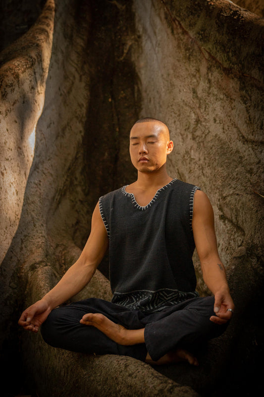 KAURI Black Mens Sleeveless Tank Top Handmade Muscle Gypsy Earthy Shirt, Tribal Jungle Natural Savage Festival Rave AJJAYA Nomadic Primitive