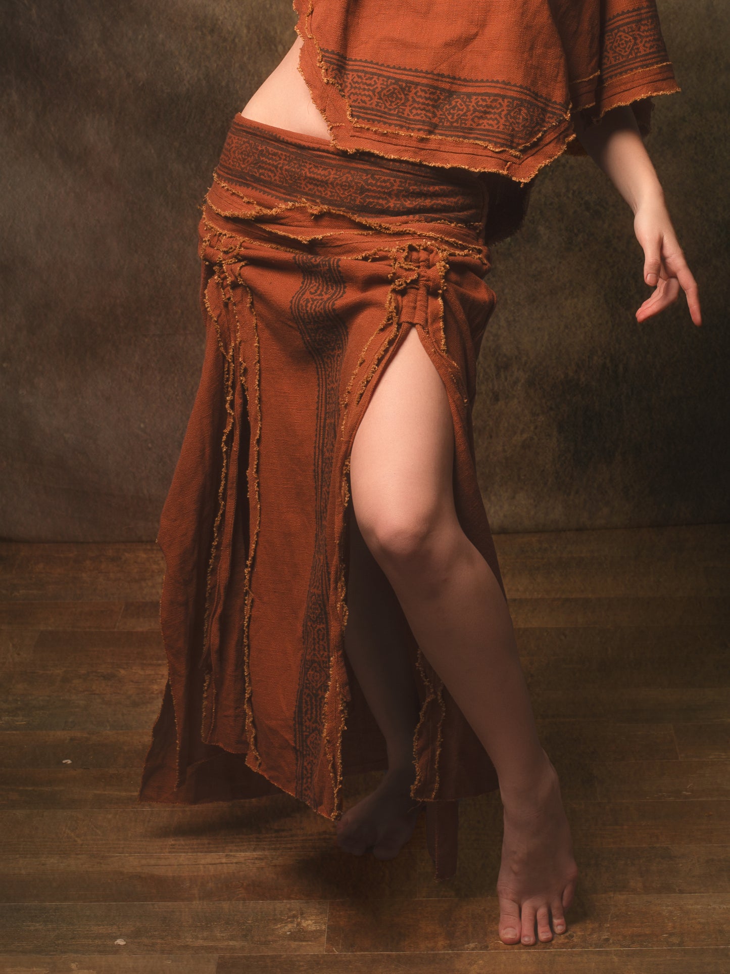 NARIAH Skirt Beige Handmade Cotton Block Printed Tribal Patterns Natural Dyed Fairy Gypsy Boho Festival Ceremony Ritual AJJAYA