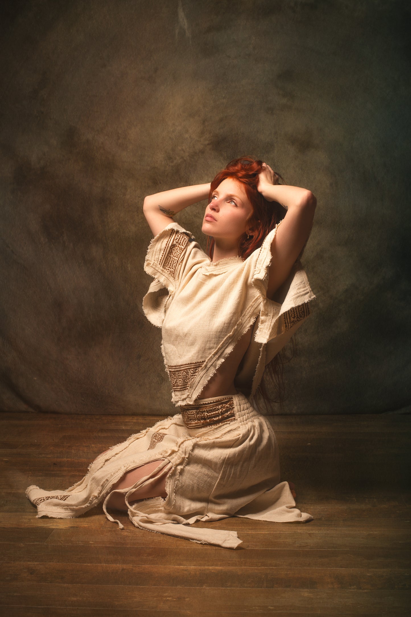 KURA Mini Poncho Top Beige Natural Cotton Block Printed Tribal Patterns Shirt Festival Ceremony Fairy Boho AJJAYA