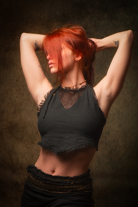 NADYA Crop Top Black Open Back Sleeveless Natural Cotton Tank Shirt Festival Ceremony Tribal Fairy Boho AJJAYA