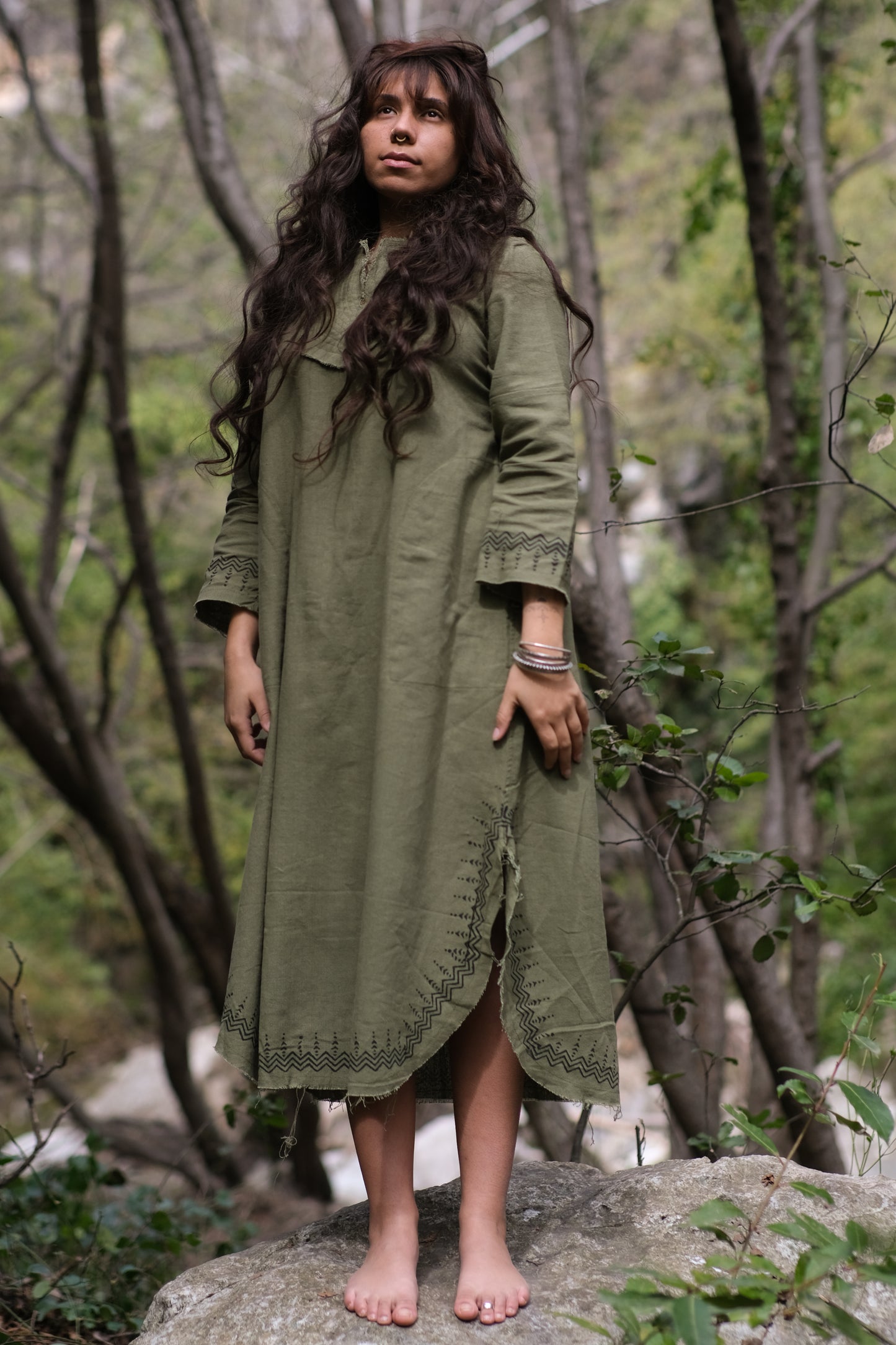 YOSEPH Black Aramaic Gown Womens Kurta Long Top Dress Shirt Biblical Natural Cotton Handwoven Block Print Natural AJJAYA