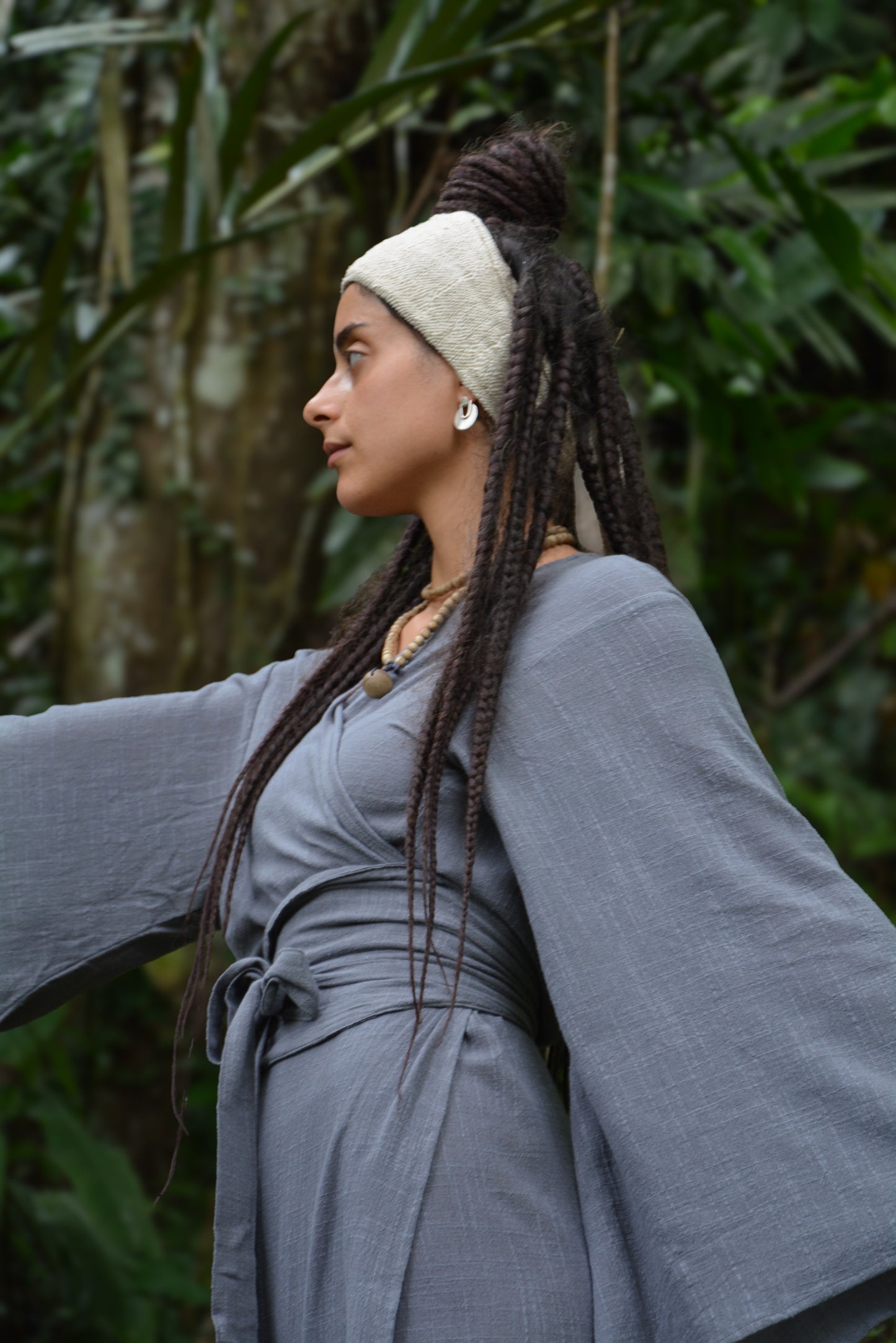 MIRA Grey Womens Kimono Dress Japanese Robe Arm Flairs Soft Breathable Cotton Festival Ritual Resort Wear AJJAYA