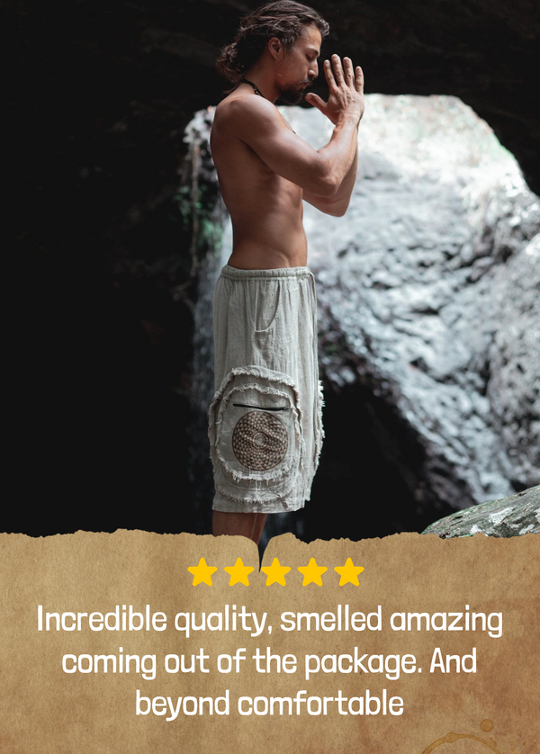 MANDA Mens Short Cotton Bermuda Pants with Four Pockets Natural Herbal Dyed Sacred Geometry Elastic Waist