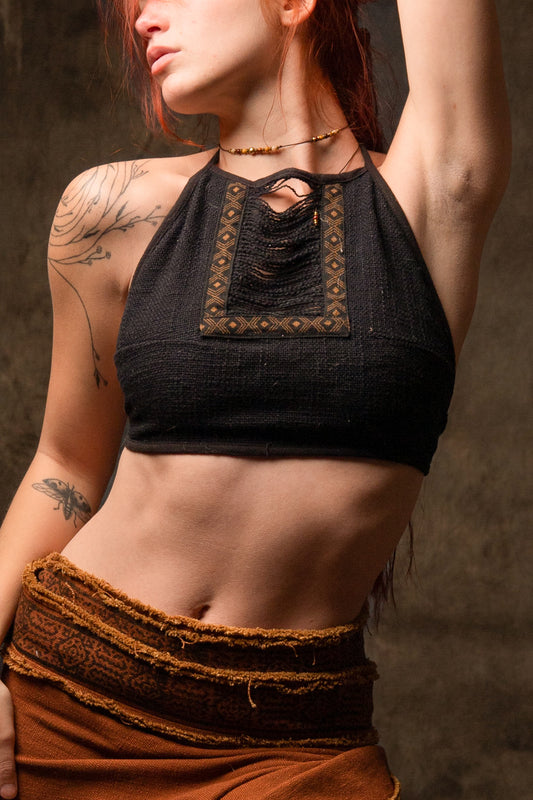EIRINI Crop Top Yoga Black Sleeveless Natural Cotton Tank Shirt Festival Ceremony Tribal Fairy Boho AJJAYA