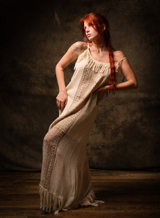 ORENDA Evening Maxi Dress Beige Ankle Length Natural Dyed Cotton Block Printed Patterns Ceremony Fairy Gypsy Boho Festival AJJAYA