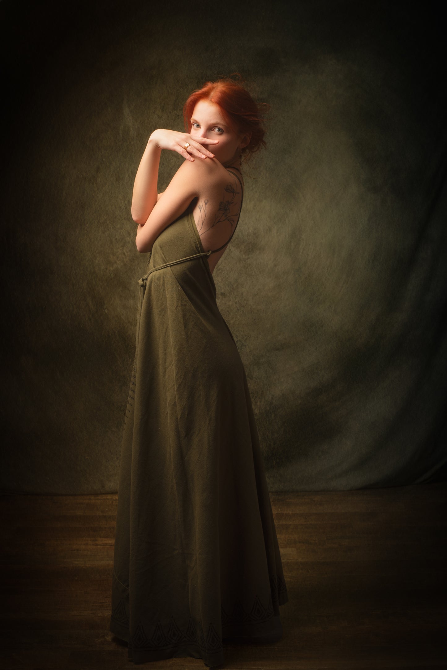 SELENA Olive Green Maxi Long Dress Goddess Open Back Cotton Festival Boho Naturally Dyed Block Printed Tribal Hippie Patterns Earthy AJJAYA