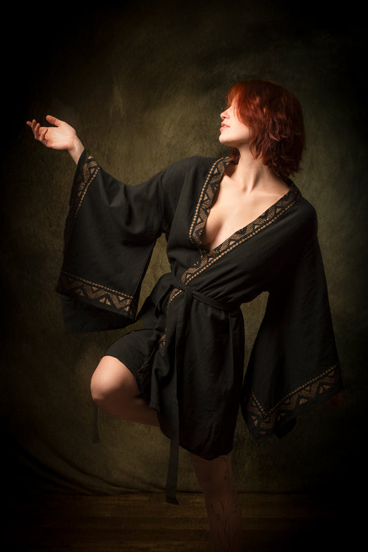 NAAMI Kimono Black Cotton Robe Wrap Light Soft Natural Dyed Block Printed Patterns Beach Festival Ceremony Boho Summer Spring AJJAYA