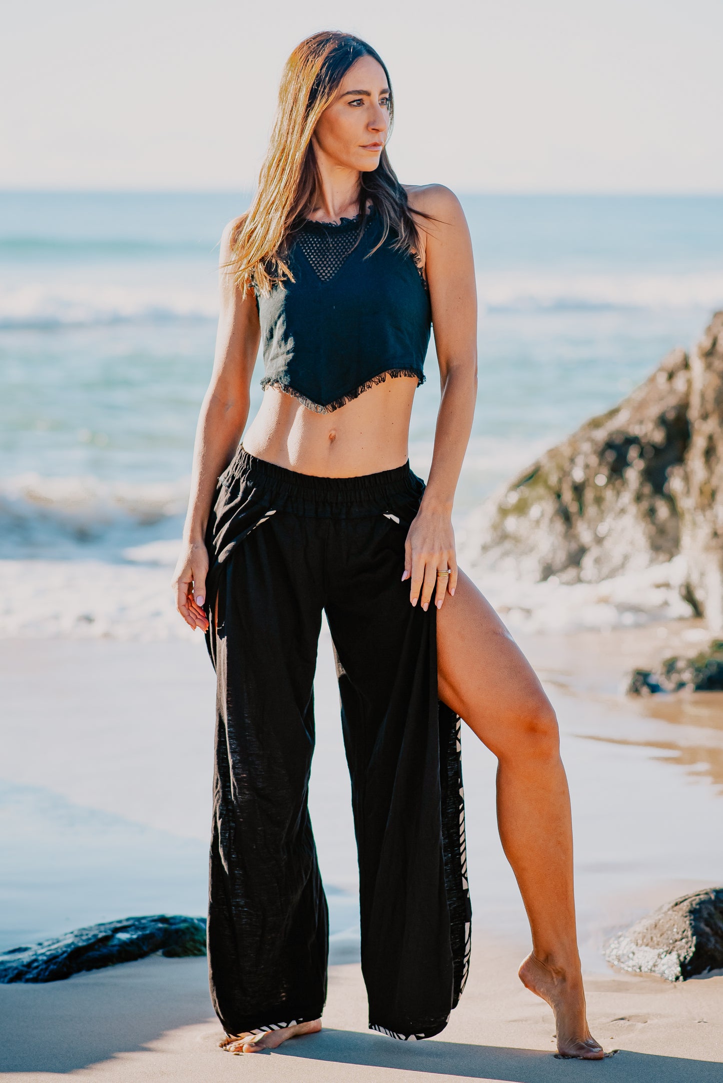 YANA Slit Open Womens Pants Beige, Natural Soft Cotton Goddess Belly Dance Flow Yoga Festival Boho Ceremony Pixie Fairy Tribal AJJAYA