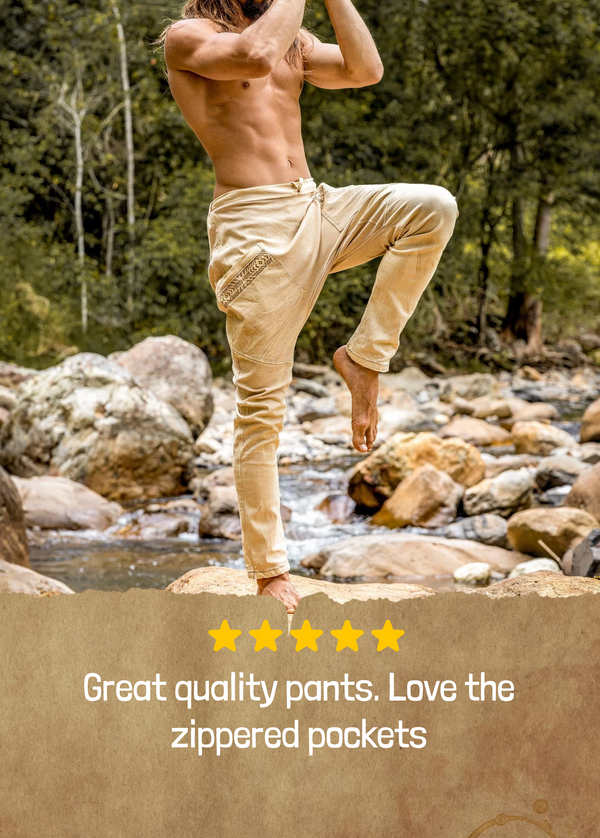 AGILO Beige Yoga Pants Harem Drop Crotch with Zipped Pockets Stretchy Cotton Rock Climbing Hiking Festival Stone Washed Block Printed AJJAYA