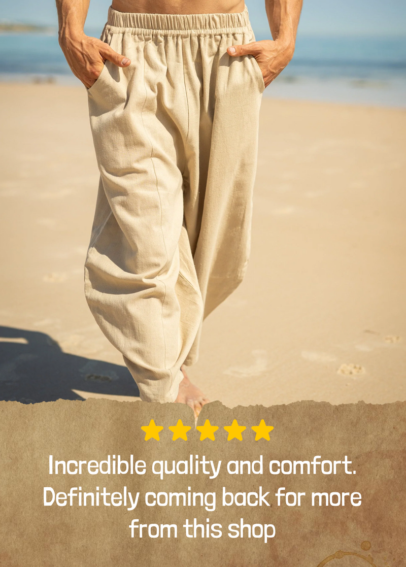 Ayon Beige Cotton Yoga Pants with Drawstring, Two Pockets, Plant-Dyed, Breathable, and Flexible.