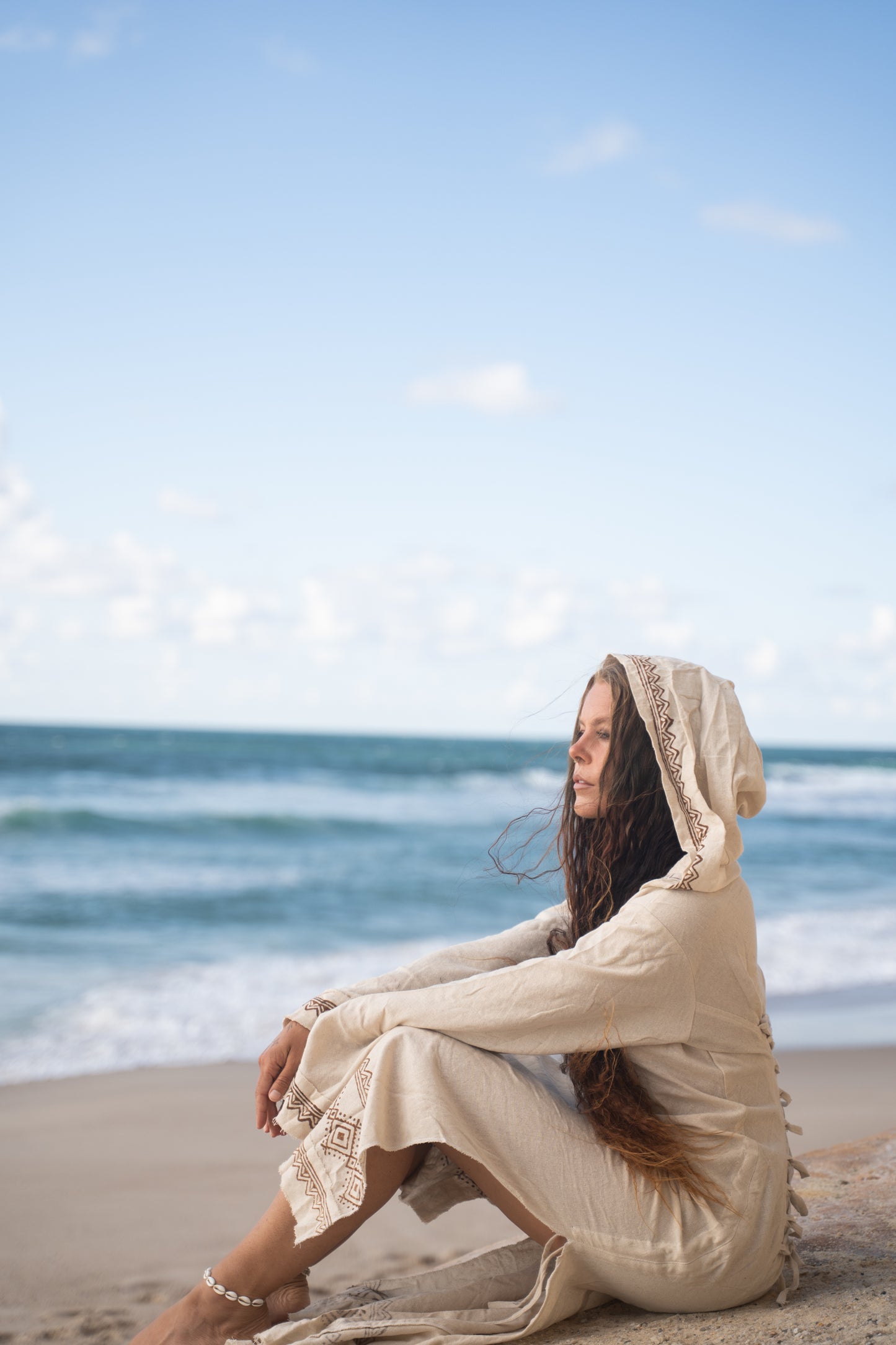 MISTIK Evening Dress Beige Long Sleeve Hooded Ankle Length Natural Dyed Cotton Block Printed Pattern Fairy Gypsy Boho Festival AJJAYA