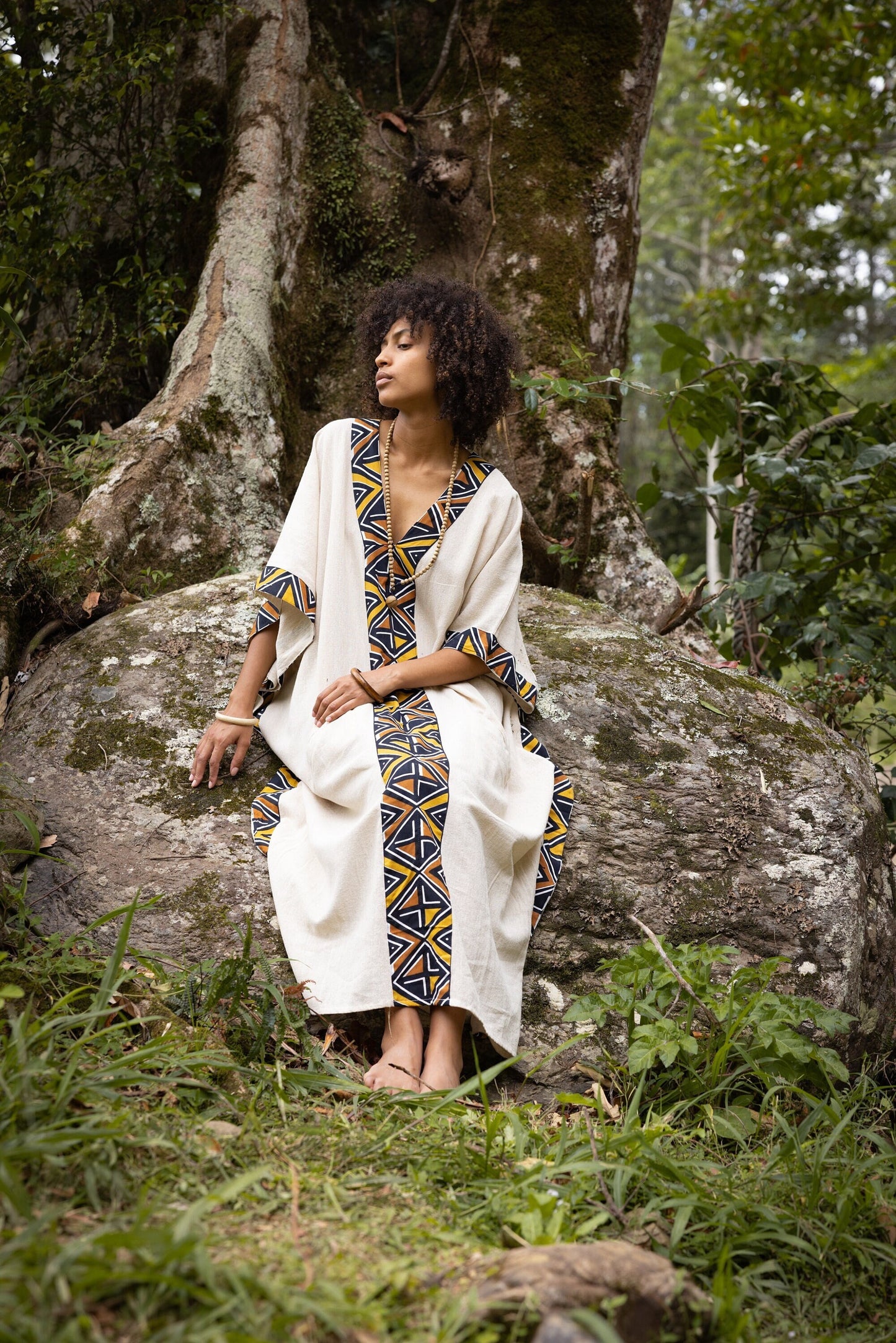 KAFATU Womens Kaftan Dress Maxi African Tribal Patterns Handmade Robe Natural Cotton with Pockets Ritual Festival Boho AJJAYA