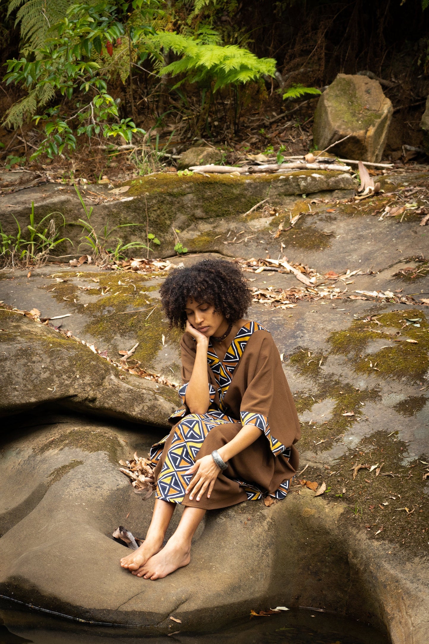 KAFATU Womens Kaftan Dress Maxi African Tribal Patterns Handmade Robe Natural Cotton with Pockets Ritual Festival Boho AJJAYA