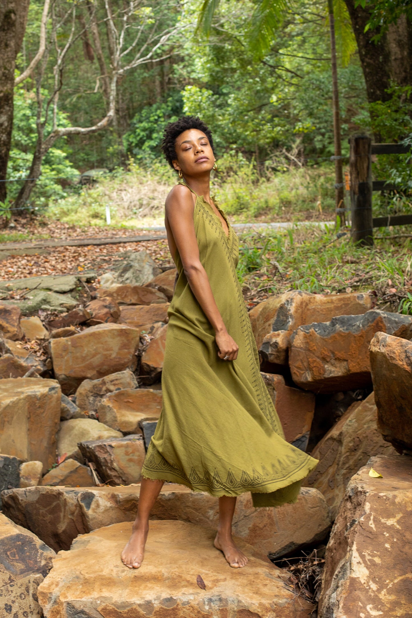 SELENA Long Dress Goddess Olive Green Maxi Open Back Cotton Festival Boho Naturally Dyed Block Printed Tribal Hippie Patterns Earthy AJJAYA