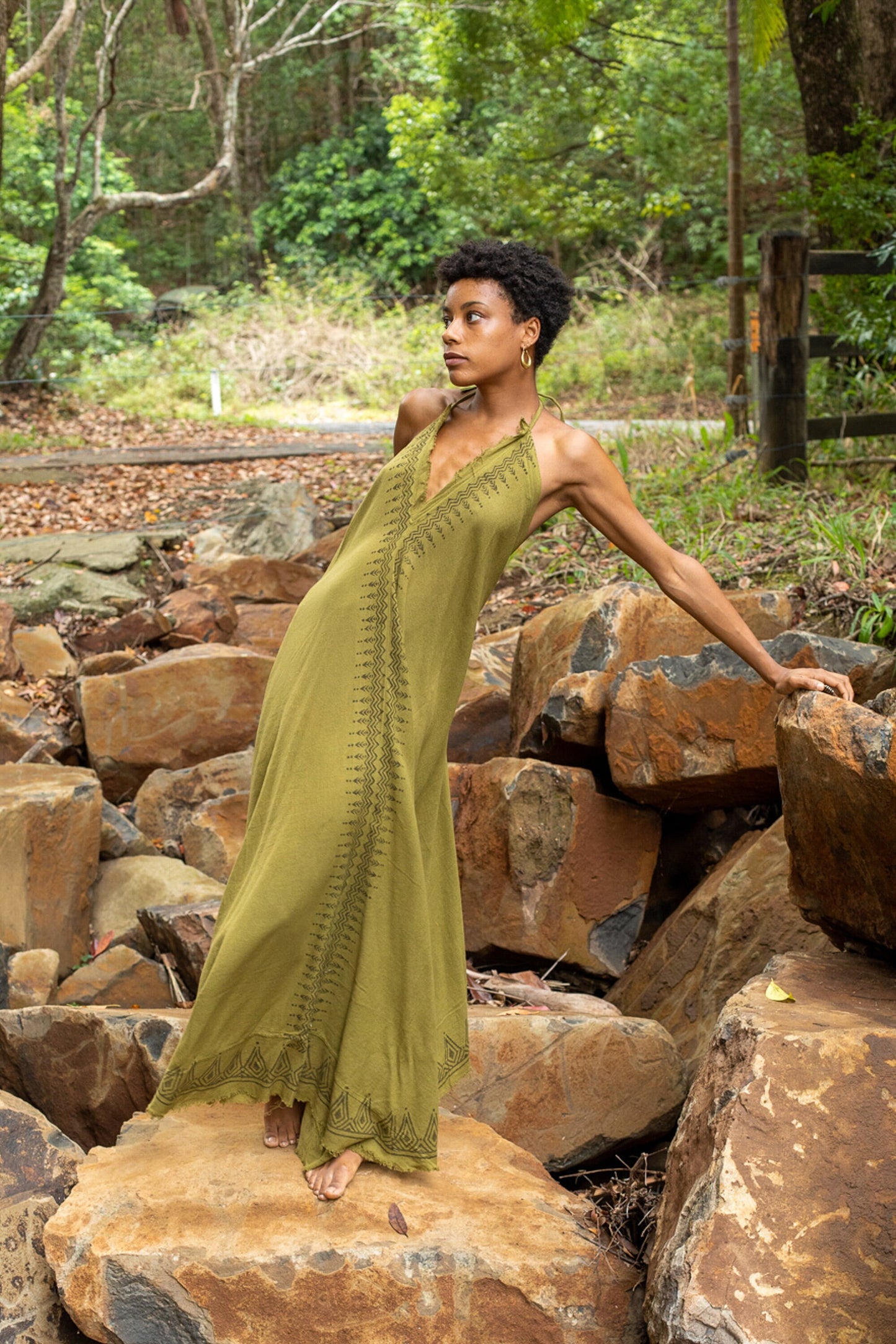 SELENA Long Dress Goddess Olive Green Maxi Open Back Cotton Festival Boho Naturally Dyed Block Printed Tribal Hippie Patterns Earthy AJJAYA