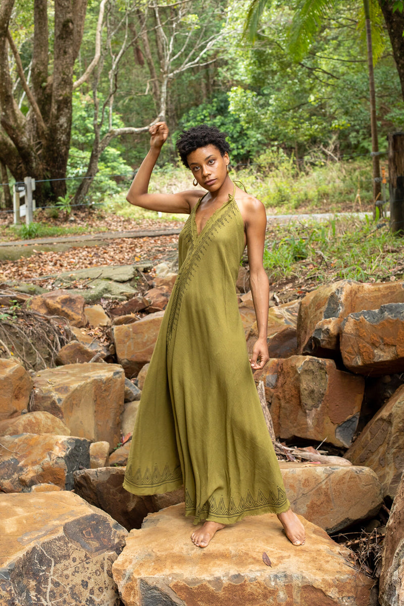 SELENA Long Dress Goddess Olive Green Maxi Open Back Cotton Festival Boho Naturally Dyed Block Printed Tribal Hippie Patterns Earthy AJJAYA