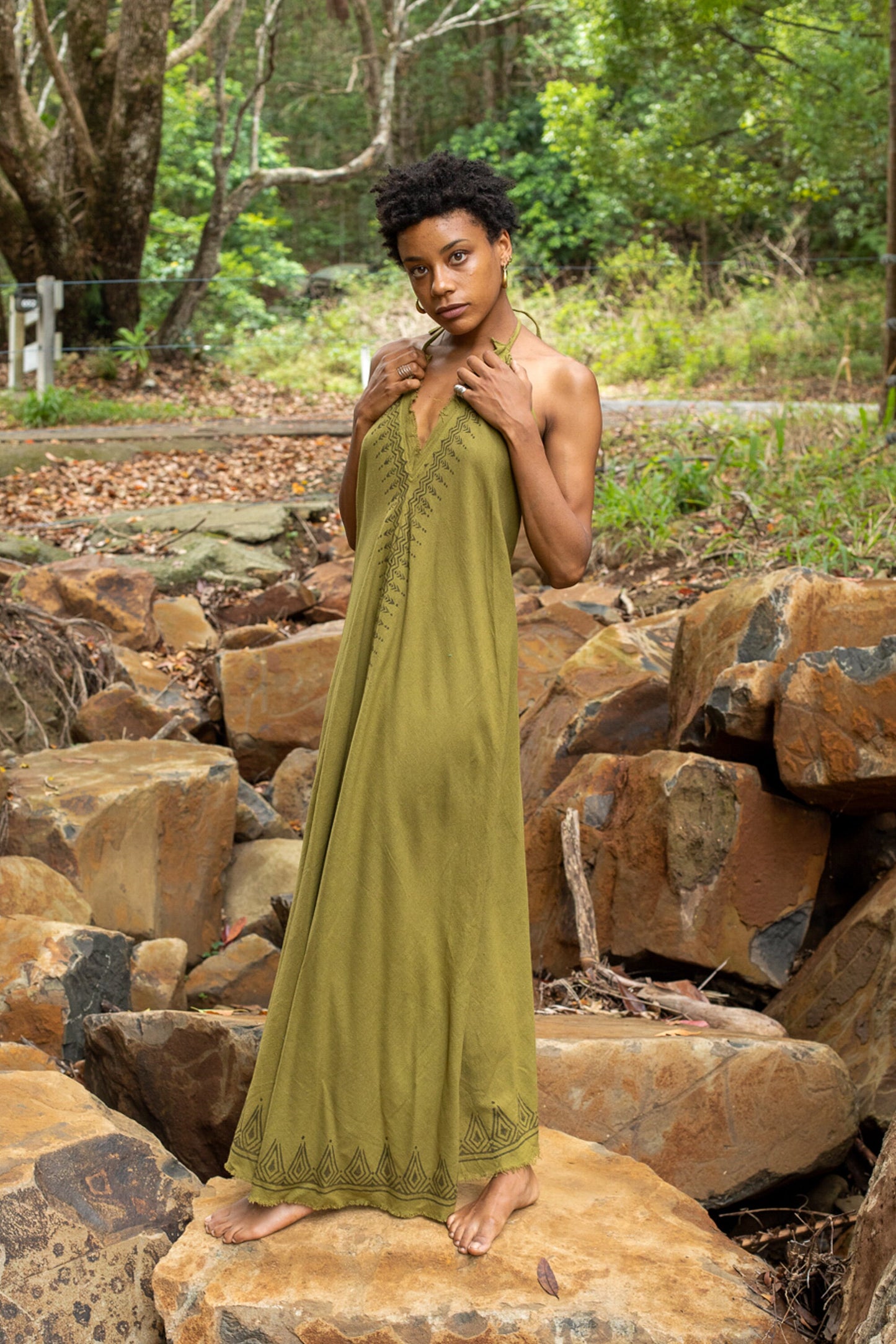 SELENA Long Dress Goddess Olive Green Maxi Open Back Cotton Festival Boho Naturally Dyed Block Printed Tribal Hippie Patterns Earthy AJJAYA