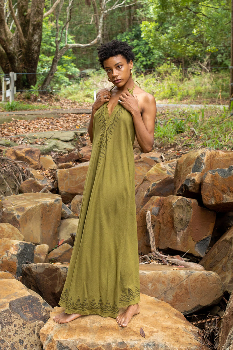 SELENA Long Dress Goddess Olive Green Maxi Open Back Cotton Festival Boho Naturally Dyed Block Printed Tribal Hippie Patterns Earthy AJJAYA