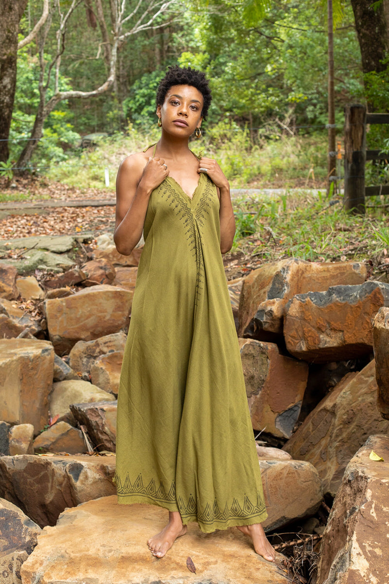 SELENA Long Dress Goddess Olive Green Maxi Open Back Cotton Festival Boho Naturally Dyed Block Printed Tribal Hippie Patterns Earthy AJJAYA
