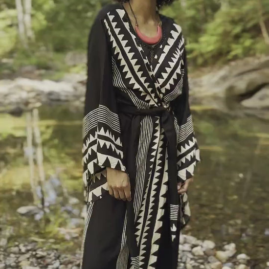 ELGA Womens Kimono Robe Arm Flairs Soft Breathable Cotton Rayon Festival Black and White Tribal African Patterns Elegant Boho Pyjama AJJAYA