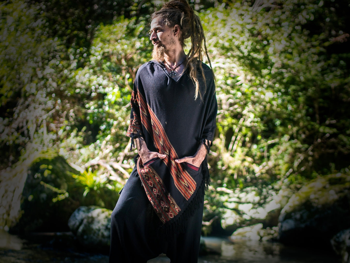 Mens Black Poncho Yak Wool Handmade with Large Hood and pockets, Earthy Tribal Pattern