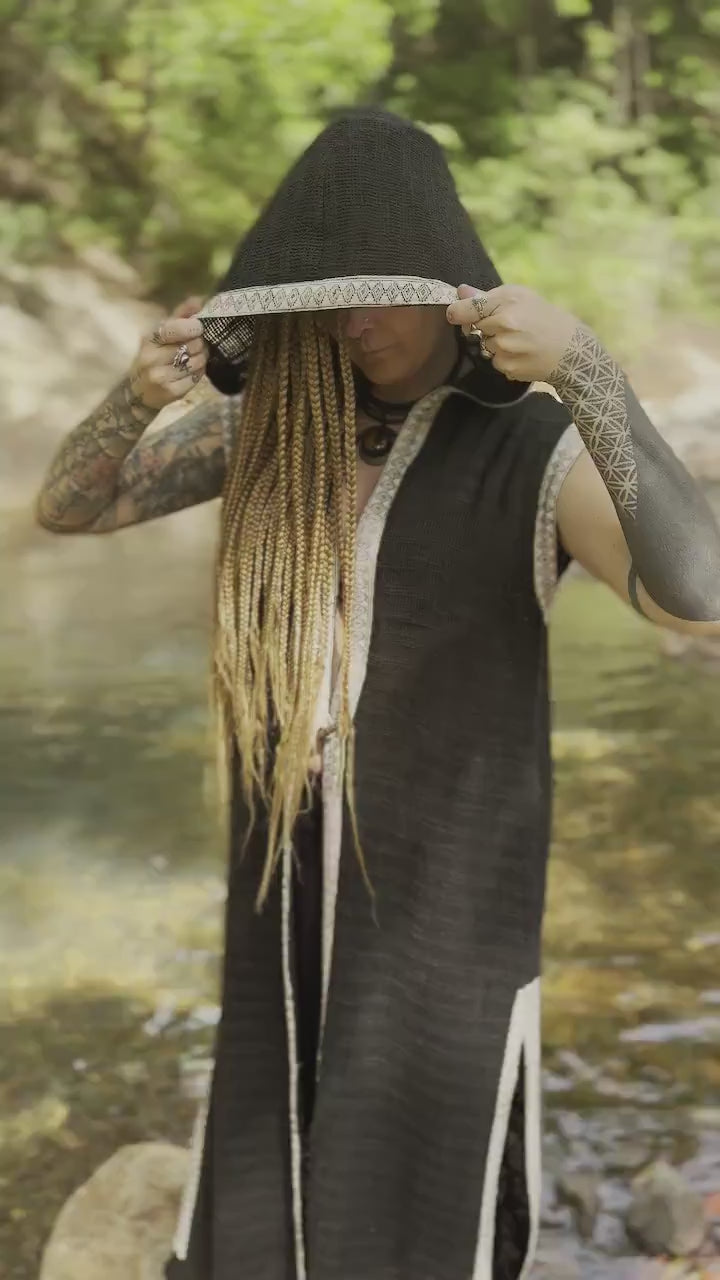 LALIKA Womens Beige Long Hooded Vest Large Hood Natural Netted Cotton Festival Ceremony Tribal Dystopian Cyberpunk Steampunk Gypsy AJJAYA