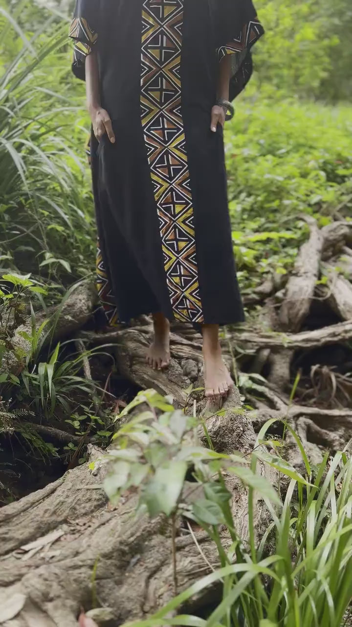 KAFATU Womens Black Kaftan Dress Maxi African Tribal Patterns Handmade Robe Natural Cotton with Pockets Ceremony Ritual Festival Boho AJJAYA