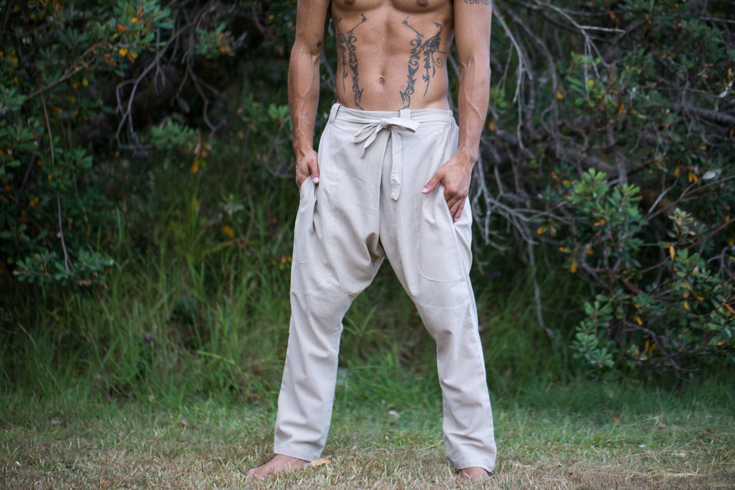 Men's Cotton Harem Pants Grey Drop Crotch Alibaba Yoga Comfortable Breathable One Size Loose Fit Festival Pants Boho Hippie Natural Earthy AJJAYA