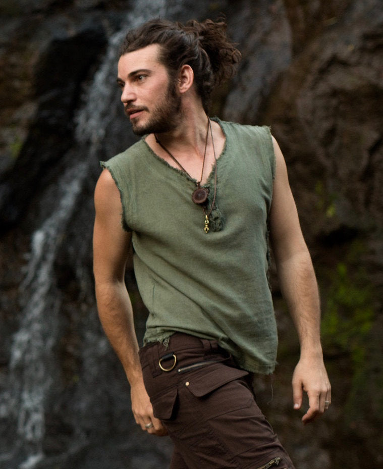 NEO Tank Top Black Mens Handmade Neo Gypsy Sleeveless Earthy Top Shirt, Tribal Jungle Natural Savage Neck Festival Rave AJJAYA Nomadic Primitive