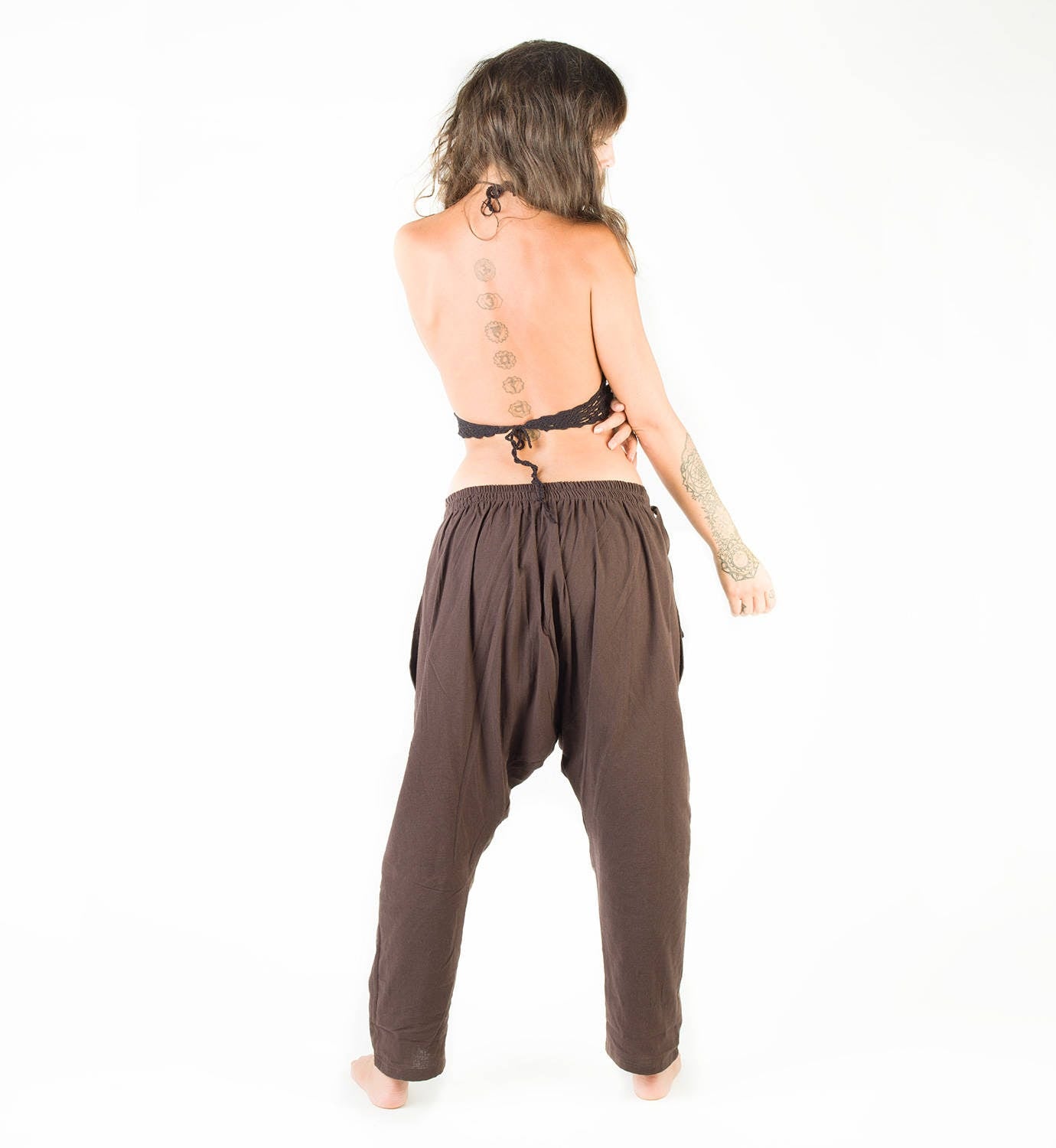 Womens Pants Brown Afghani Harem Drop Crotch, Primitive Handmade Comfortable Yoga Gypsy Boho Alibaba Aladdin Festival Goa two Pockets AJJAYA