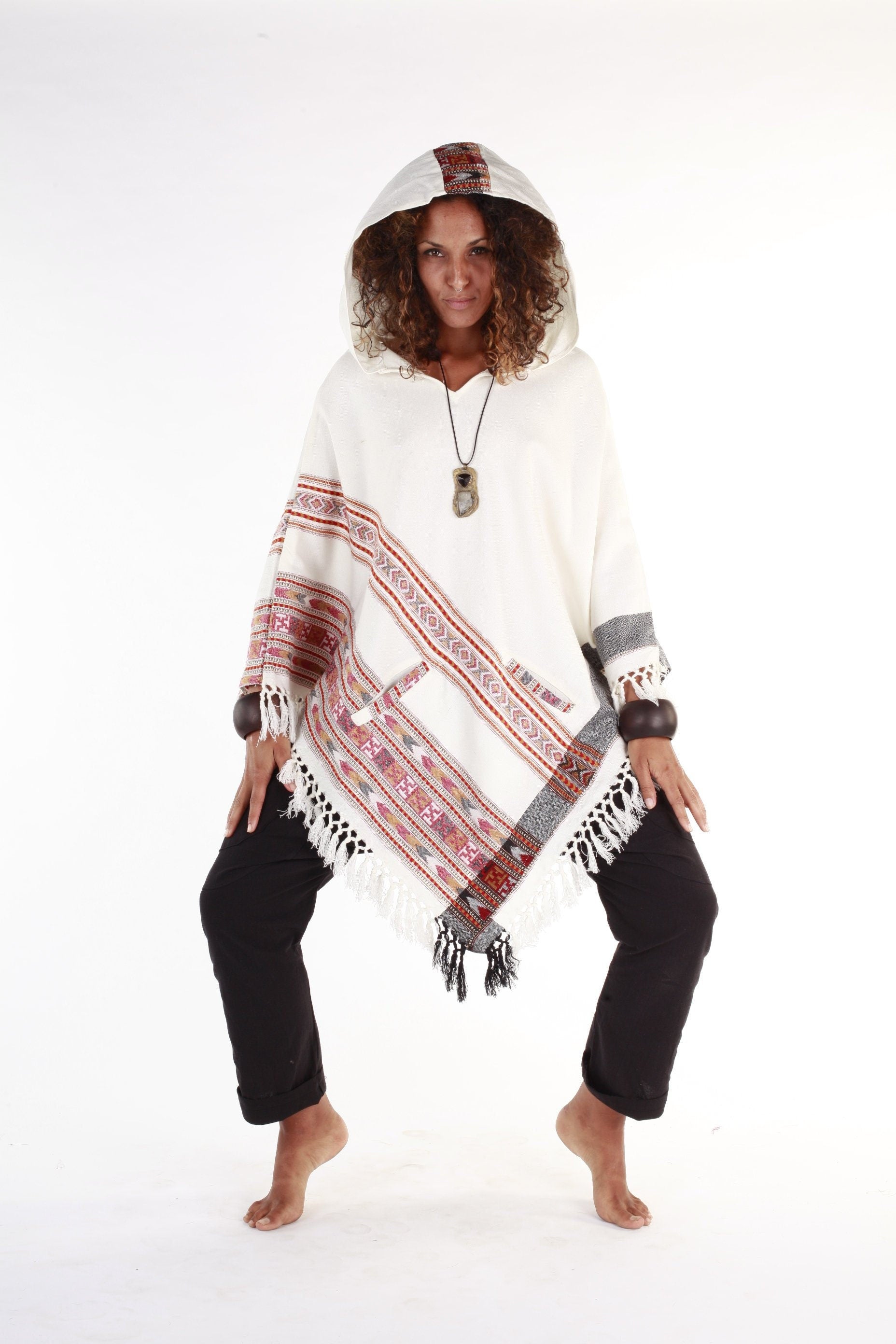 Womens Hooded Poncho Pure White Cashmere Wool