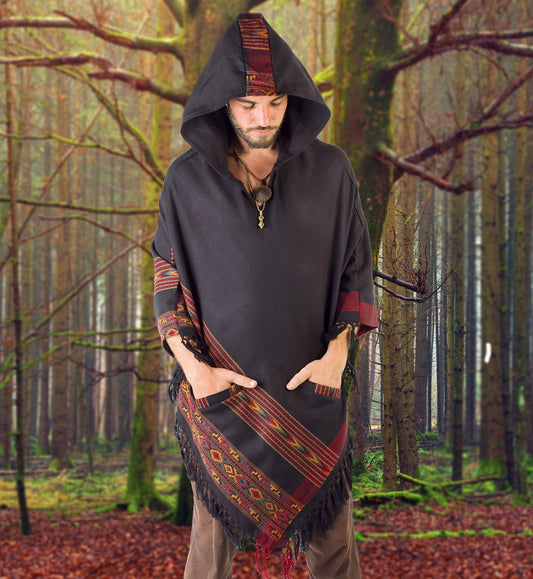SAMADHI Black Mens Poncho Handmade with Large Hood and pockets Earthy Tribal Pattern Festival AJJAYA Primitive