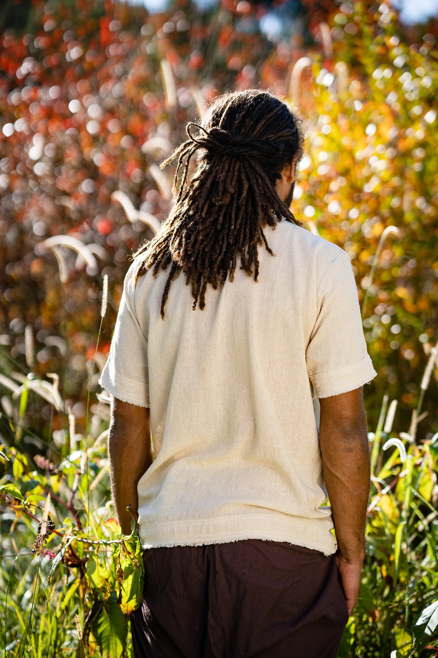 Mens ASURA Top Beige Brown Sacred Plant Shipibo Pattern Pocket T Shirt Shamanic Neo Tribal Gypsy Ritual Shaman Ethnic Handmade AJJAYA