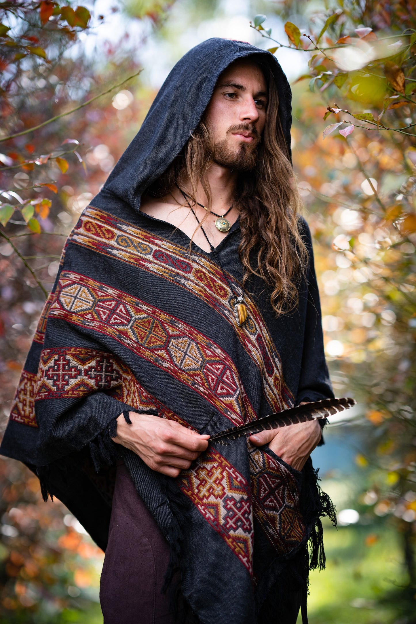 Men's Hooded Yak Wool Poncho Dark Grey Pockets Tribal Embroidery Celtic Gypsy Alternative Festival Rave Mexican Primitive Large Hood AJJAYA