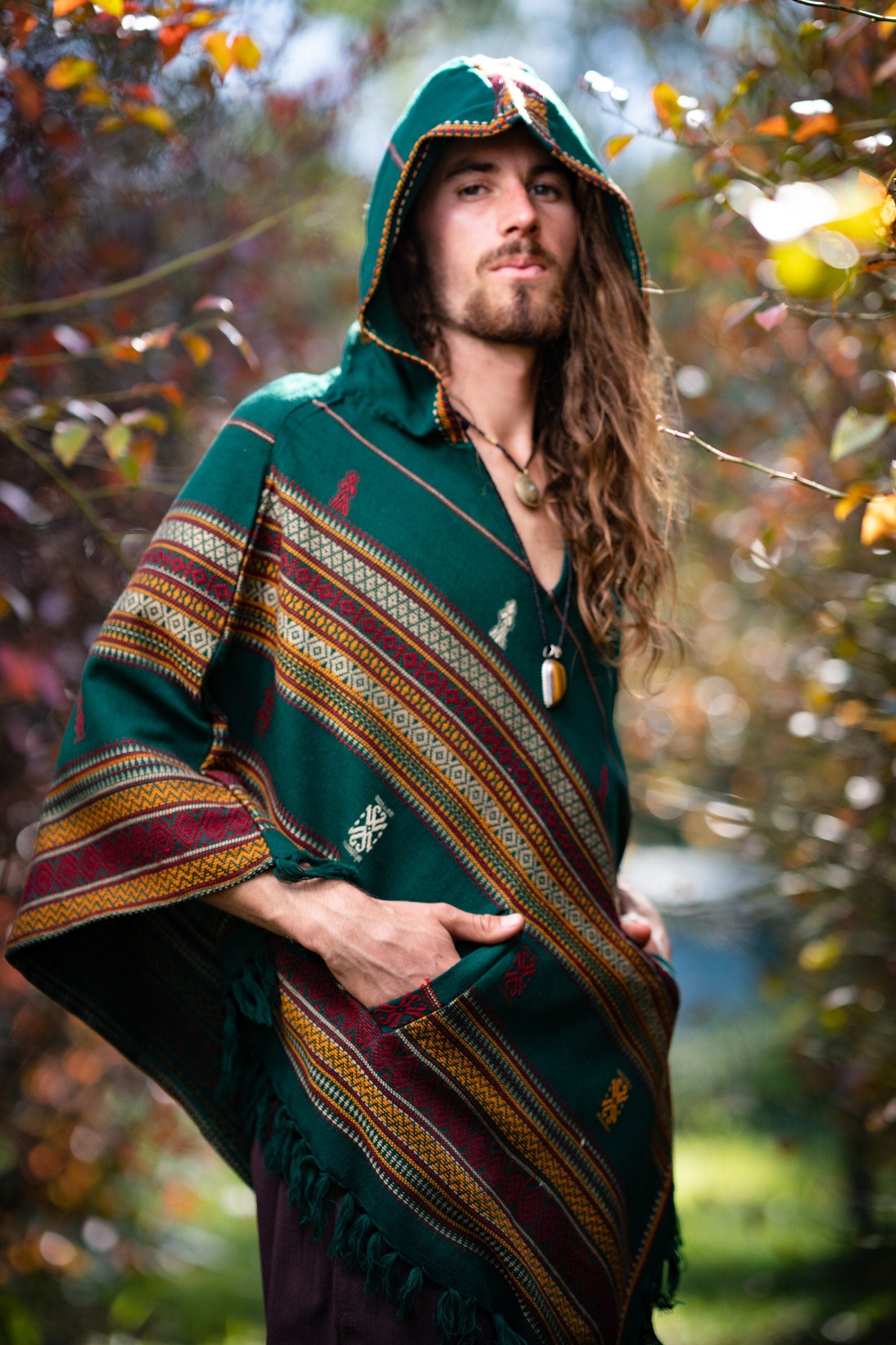 Mens Poncho Black Handmade YAK Wool With Large Hood And Pockets Jungle Primitive Gypsy Festival Mexican Tribal Embroidered Celtic Earthy Winter Tibetan Ajjaya