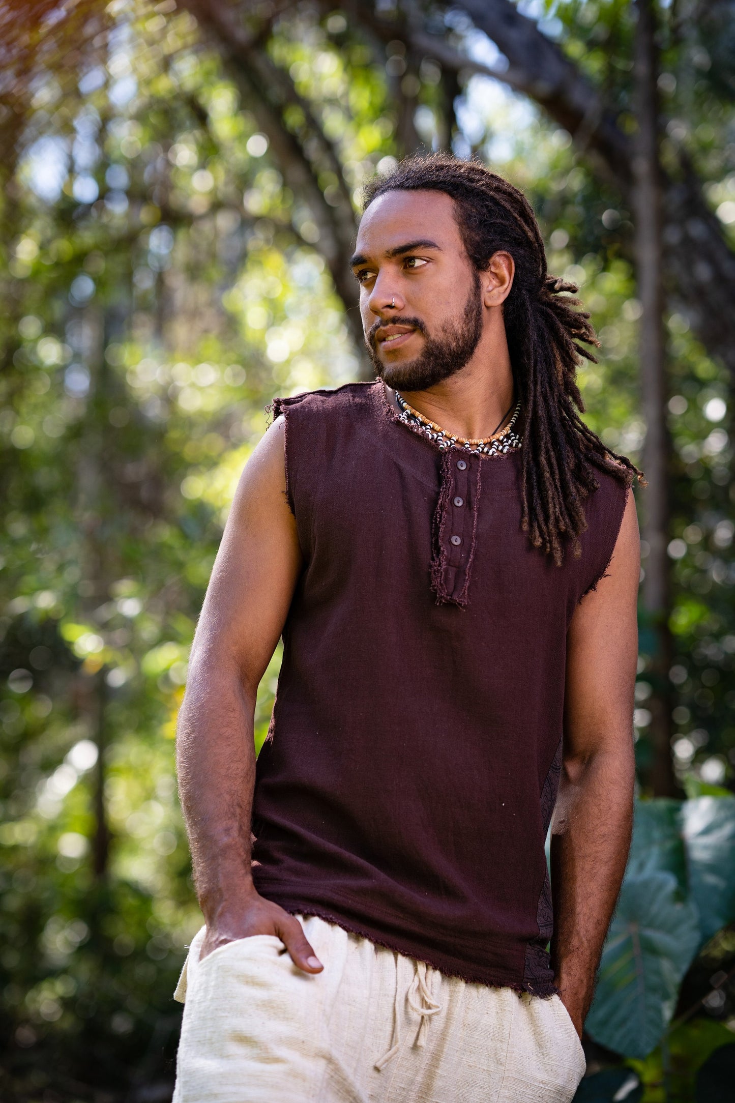 Neo SHIPIBO Brown Mens Gypsy Sleeveless Earthy Top T Shirt, Open Neck Tank Tribal Jungle Primitive Festival Rave AJJAYA Nomadic Primitive
