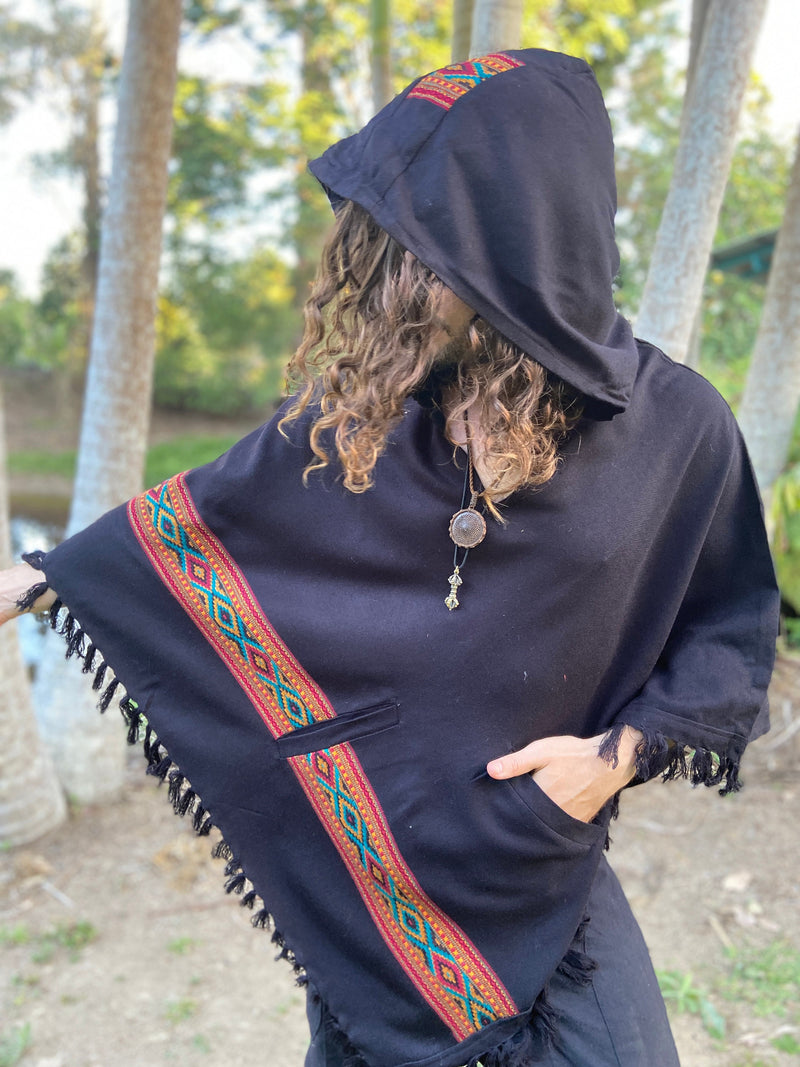 UPEKKHA Hooded Poncho with Hood Black Handwoven Pockets Cashmere and Acrylic Wool Tibetan Winter Zen Embroidery Primitive Mexican AJJAYA