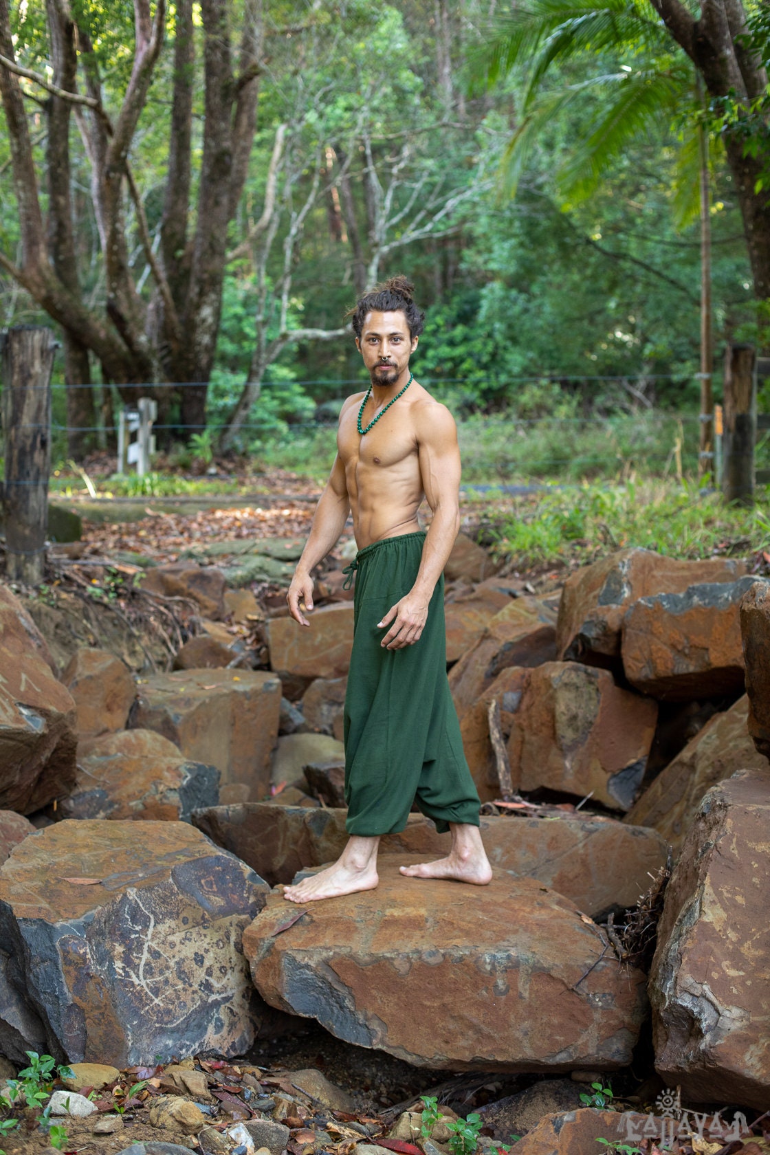 Aladdin Mens Drop Crotch Cotton Pants Green Yogi Ashtanga Asana Harem Alibaba Yoga Afghani pocket trousers comfortable tai chi gong AJJAYA