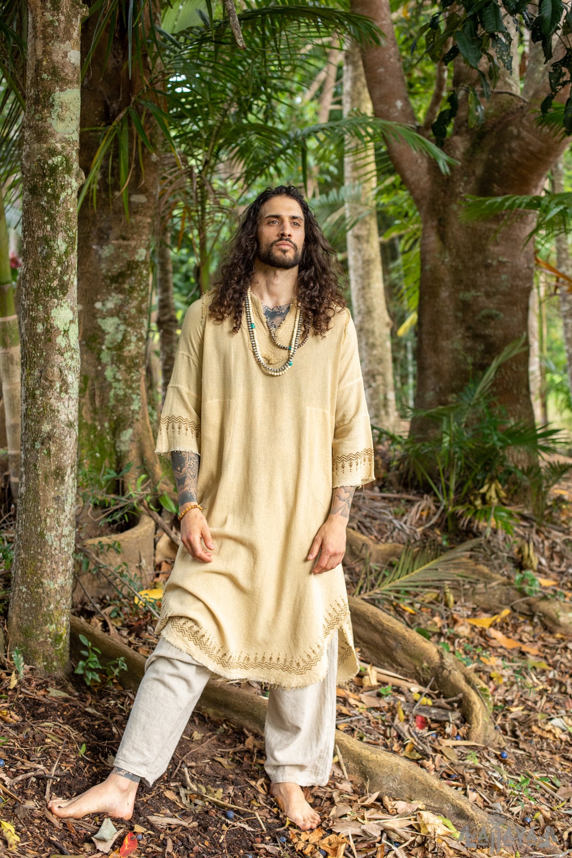 YOSEPH Beige Aramaic Gown Kurta Long Top Mens Dress Shirt Biblical Natural Cotton Handwoven Block Print Natural Plant Dye Ceremony AJJAYA