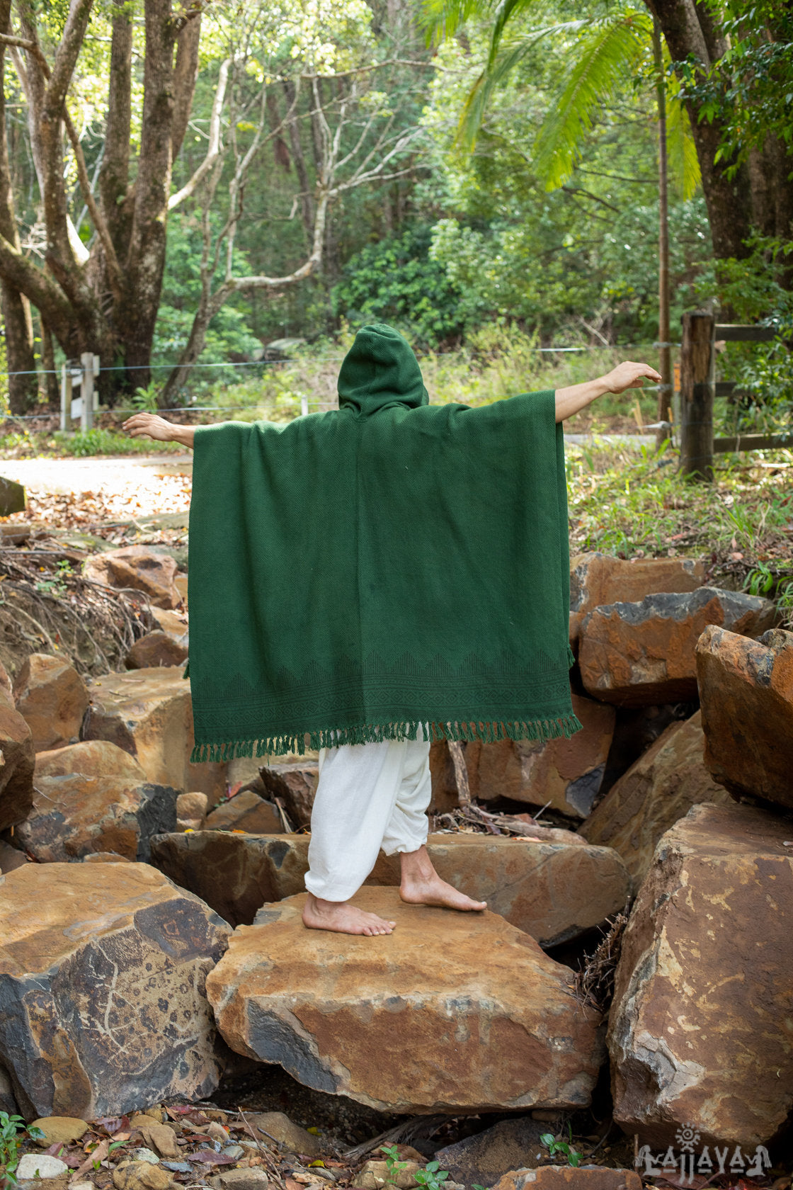ANAGAMI Sage Green Hooded Kimono Cape Poncho Robe Block Printed Natural Dyed Ceremony Ritual Shaman Tribal Alchemy Sacred Shawl Wrap AJJAYA