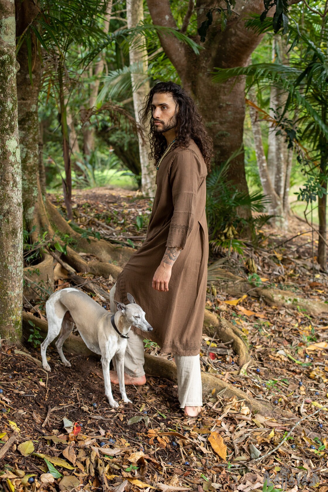 YOSEPH Brown Aramaic Gown Kurta Long Top Male Dress Shirt Biblical Natural Cotton Handwoven Block Print Natural Plant Dye Ceremony AJJAYA