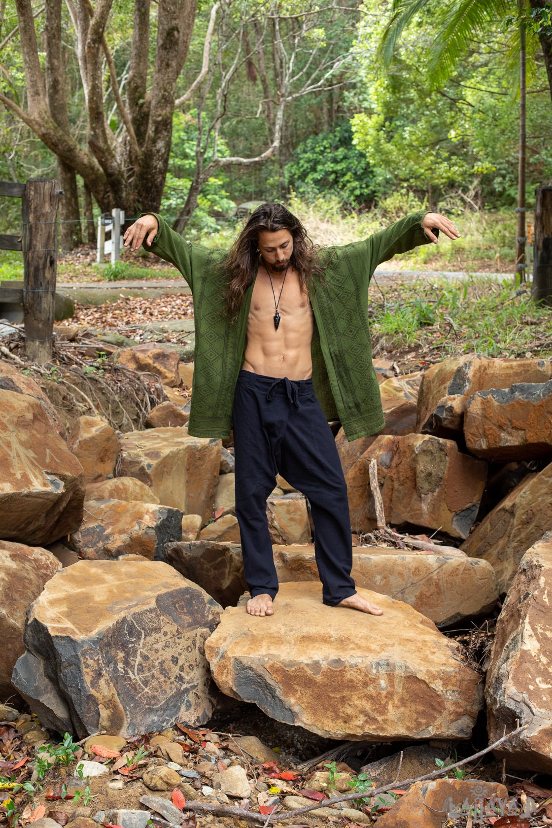 KHAL Dark Green Mens Open Cotton Shirt Top Handwoven Natural Eco Dyed Block Printed Buttonless Gypsy Tribal Primitive Festival Vest AJJAYA