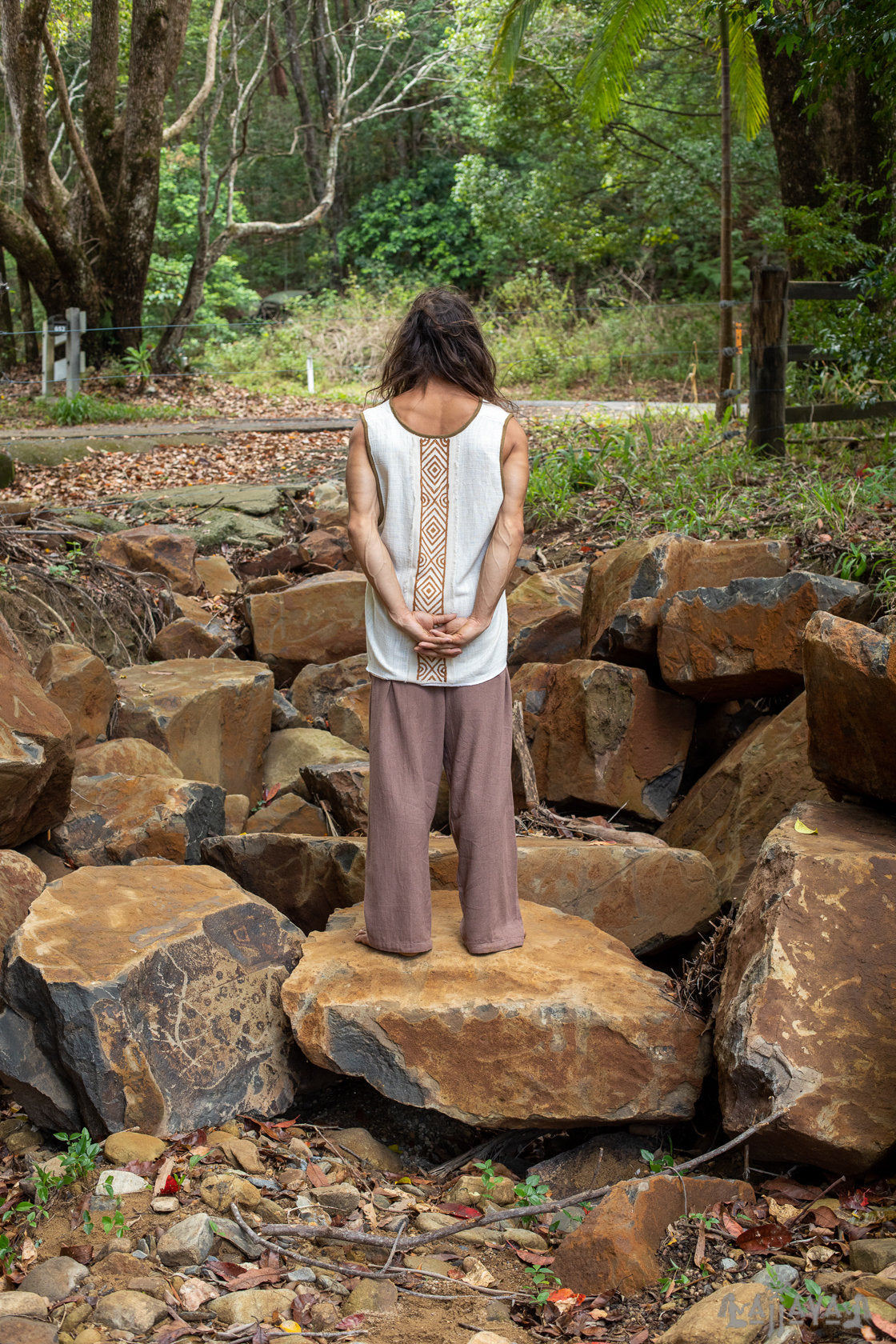 GAJU Mens Tank Top Tee Singlet Beige Cotton Block Printed Natural Dyed Muscle Shirt Festival Gypsy Yoga Yogi Earthy Tribal Nomadic AJJAYA