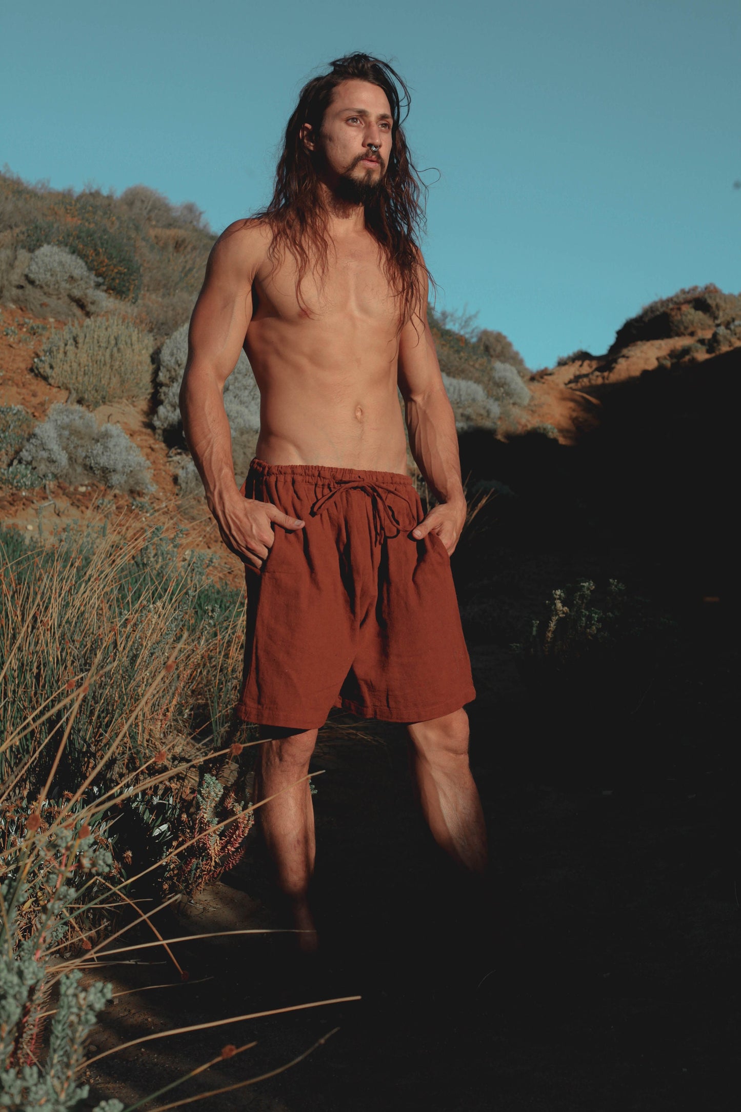 YUGINI Maroon Short Pants Loose Comfortable Mens Shorts with Pockets Natural Cotton Plant Dyed Yoga Workout Ninja Gypsy Festival Gym AJJAYA